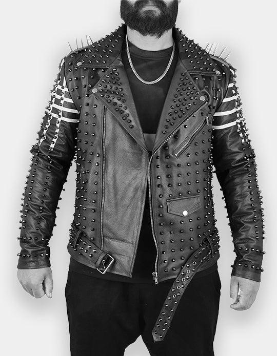 Men's Black & White Studded Leather Jacket with Patches
Brando Style | Belted Collar Waist | Stylish Motorbike Jacket